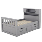 Twin/Full Size Captain Platform Bed with 4 Drawers and Storage Bookcase Headboard, Solid Wood Bed Frame with Storage Shelves