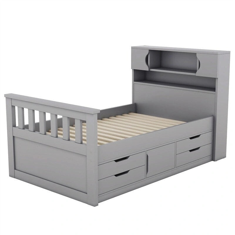 Twin/Full Size Captain Platform Bed with 4 Drawers and Storage Bookcase Headboard, Solid Wood Bed Frame with Storage Shelves