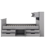 Twin/Full Size Captain Platform Bed with 4 Drawers and Storage Bookcase Headboard, Solid Wood Bed Frame with Storage Shelves
