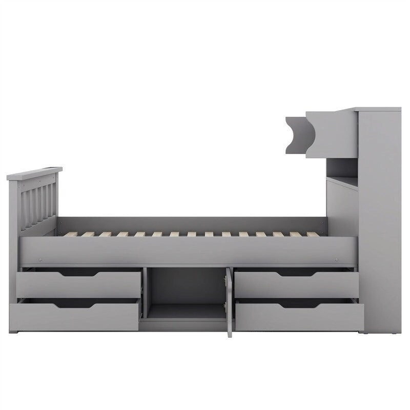 Twin/Full Size Captain Platform Bed with 4 Drawers and Storage Bookcase Headboard, Solid Wood Bed Frame with Storage Shelves