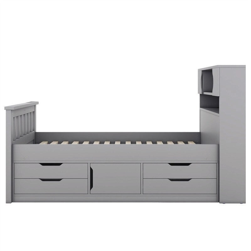 Twin/Full Size Captain Platform Bed with 4 Drawers and Storage Bookcase Headboard, Solid Wood Bed Frame with Storage Shelves