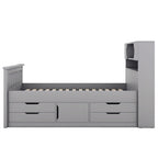 Twin/Full Size Captain Platform Bed with 4 Drawers and Storage Bookcase Headboard, Solid Wood Bed Frame with Storage Shelves