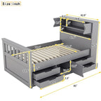 Twin/Full Size Captain Platform Bed with 4 Drawers and Storage Bookcase Headboard, Solid Wood Bed Frame with Storage Shelves