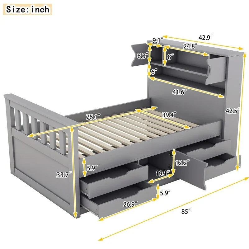 Twin/Full Size Captain Platform Bed with 4 Drawers and Storage Bookcase Headboard, Solid Wood Bed Frame with Storage Shelves