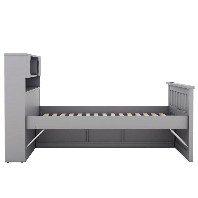 Twin/Full Size Captain Platform Bed with 4 Drawers and Storage Bookcase Headboard, Solid Wood Bed Frame with Storage Shelves