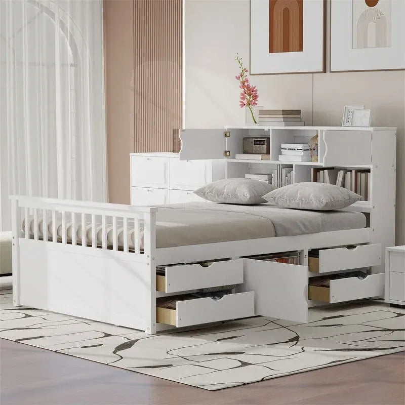 Twin/Full Size Captain Platform Bed with 4 Drawers and Storage Bookcase Headboard, Solid Wood Bed Frame with Storage Shelves