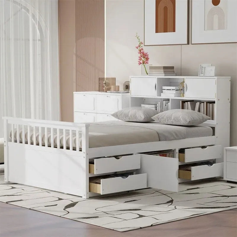 Twin/Full Size Captain Platform Bed with 4 Drawers and Storage Bookcase Headboard, Solid Wood Bed Frame with Storage Shelves