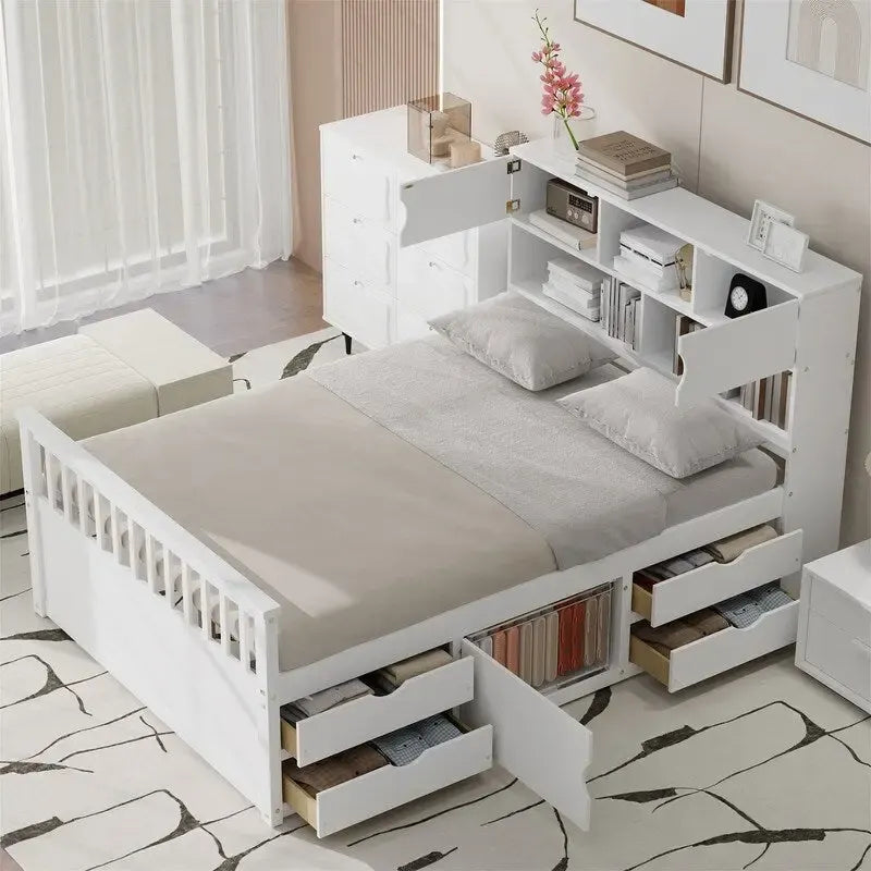 Twin/Full Size Captain Platform Bed with 4 Drawers and Storage Bookcase Headboard, Solid Wood Bed Frame with Storage Shelves