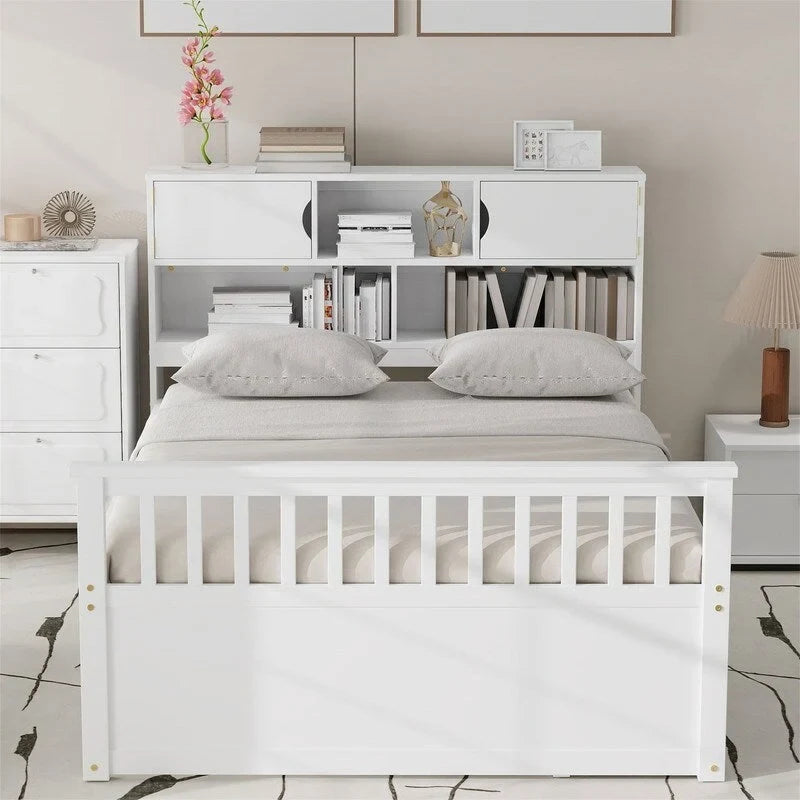 Twin/Full Size Captain Platform Bed with 4 Drawers and Storage Bookcase Headboard, Solid Wood Bed Frame with Storage Shelves