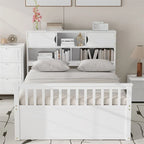 Twin/Full Size Captain Platform Bed with 4 Drawers and Storage Bookcase Headboard, Solid Wood Bed Frame with Storage Shelves
