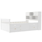Twin/Full Size Captain Platform Bed with 4 Drawers and Storage Bookcase Headboard, Solid Wood Bed Frame with Storage Shelves