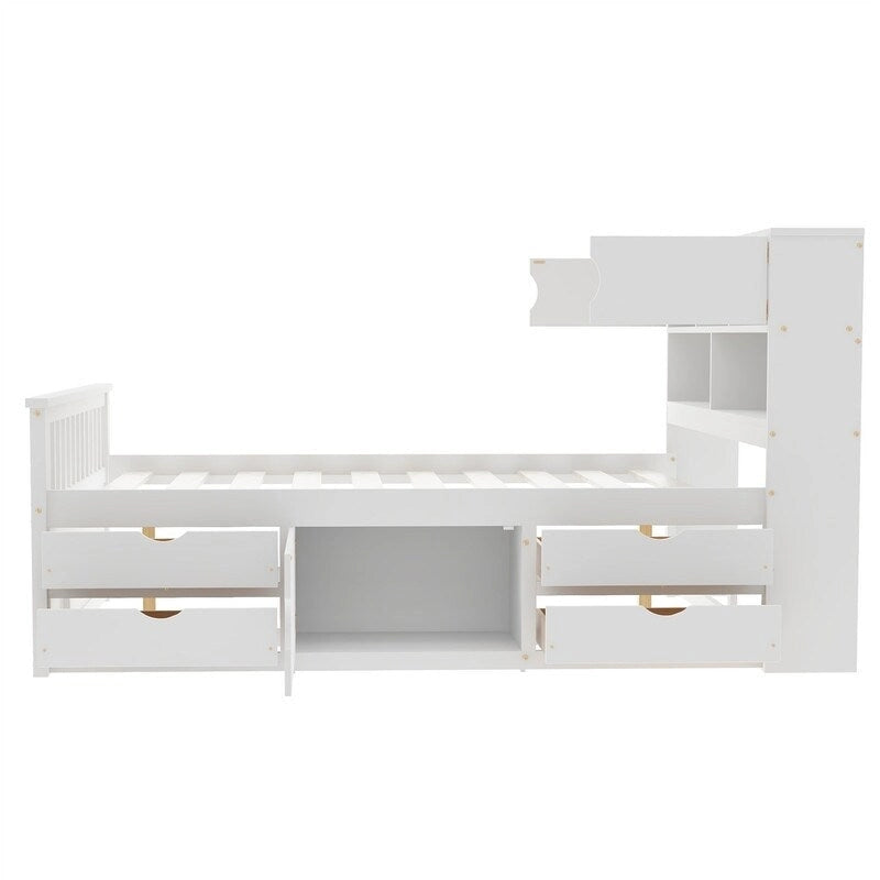 Twin/Full Size Captain Platform Bed with 4 Drawers and Storage Bookcase Headboard, Solid Wood Bed Frame with Storage Shelves