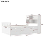 Twin/Full Size Captain Platform Bed with 4 Drawers and Storage Bookcase Headboard, Solid Wood Bed Frame with Storage Shelves