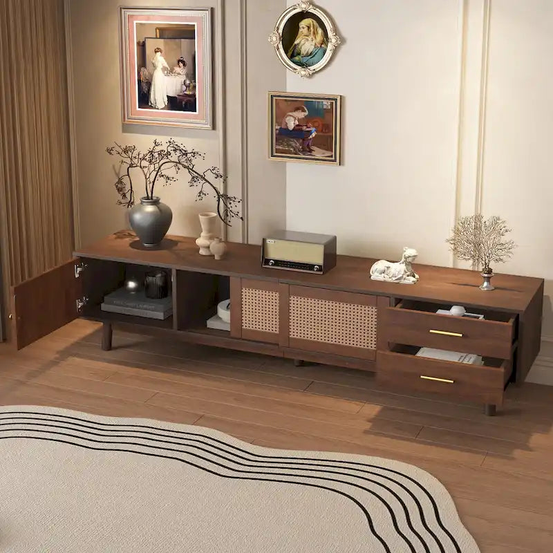 Mid-Century Modern TV Stand for 80 TV, Entertainment Center with Storage Media Console Table with 2 Drawers
