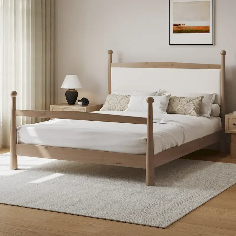 Platform Bed with Upholstered Boucle Headboard Panel Bed No Box Spring Needed Wood Slat Bed Low Profile Bed - Minimalist Design