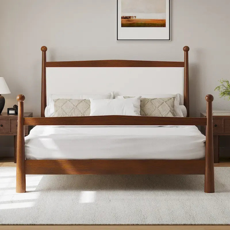 Platform Bed with Upholstered Boucle Headboard Panel Bed No Box Spring Needed Wood Slat Bed Low Profile Bed - Minimalist Design