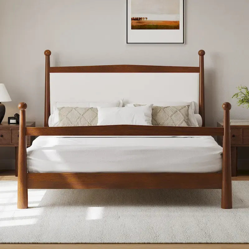Platform Bed with Upholstered Boucle Headboard Panel Bed No Box Spring Needed Wood Slat Bed Low Profile Bed - Minimalist Design