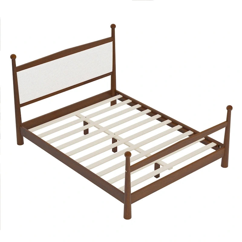 Platform Bed with Upholstered Boucle Headboard Panel Bed No Box Spring Needed Wood Slat Bed Low Profile Bed - Minimalist Design