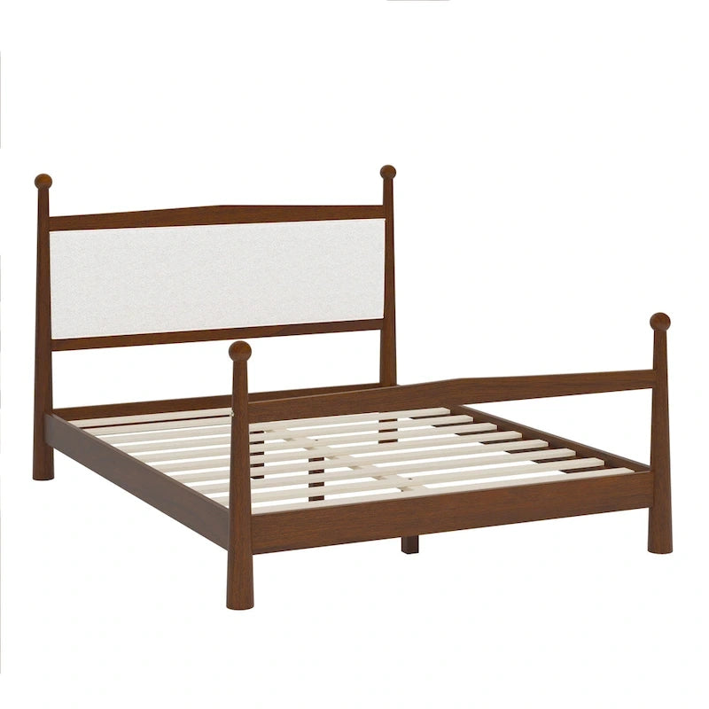 Platform Bed with Upholstered Boucle Headboard Panel Bed No Box Spring Needed Wood Slat Bed Low Profile Bed - Minimalist Design
