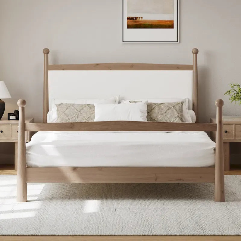 Platform Bed with Upholstered Boucle Headboard Panel Bed No Box Spring Needed Wood Slat Bed Low Profile Bed - Minimalist Design