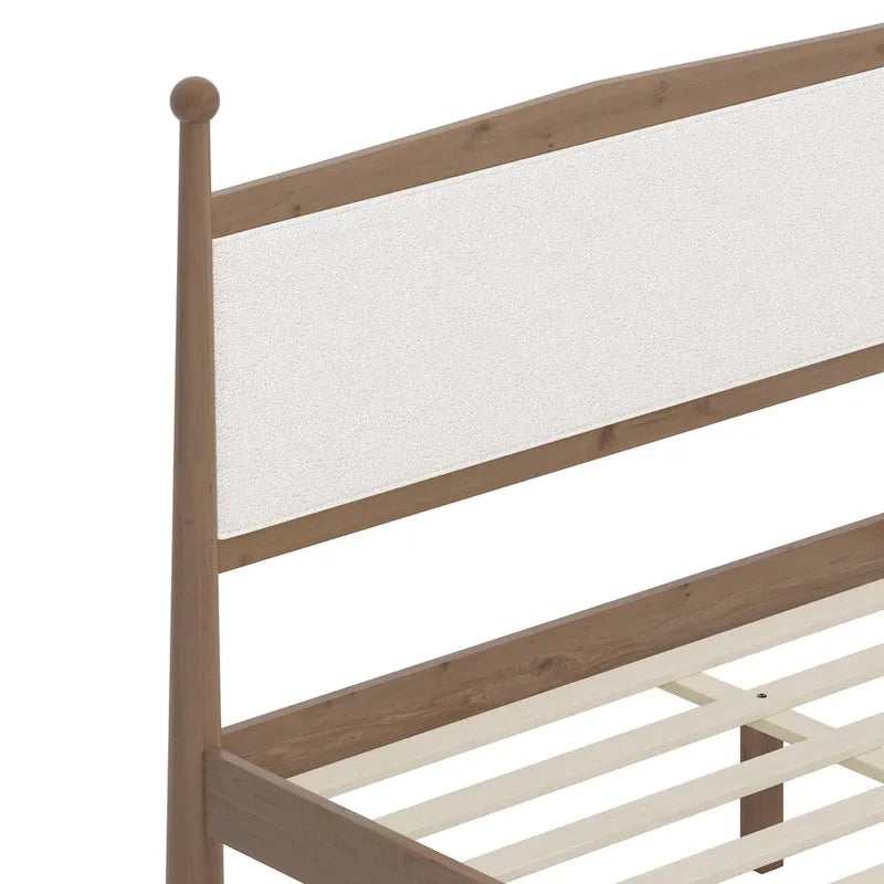 Platform Bed with Upholstered Boucle Headboard Panel Bed No Box Spring Needed Wood Slat Bed Low Profile Bed - Minimalist Design