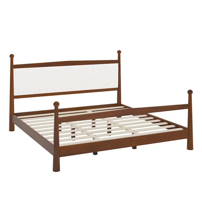 Platform Bed with Upholstered Boucle Headboard Panel Bed No Box Spring Needed Wood Slat Bed Low Profile Bed - Minimalist Design