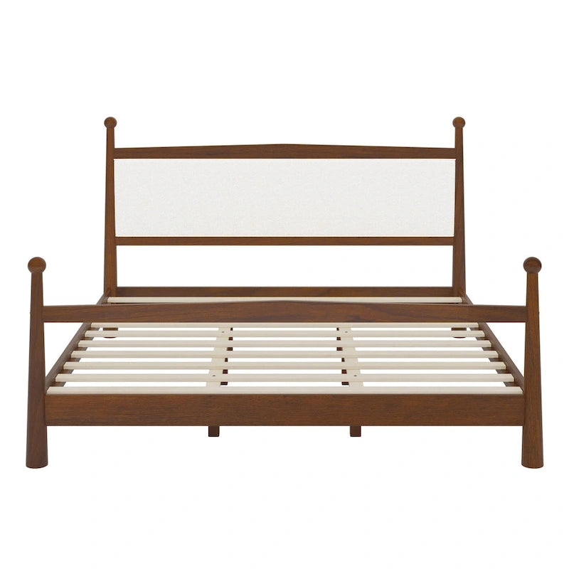 Platform Bed with Upholstered Boucle Headboard Panel Bed No Box Spring Needed Wood Slat Bed Low Profile Bed - Minimalist Design