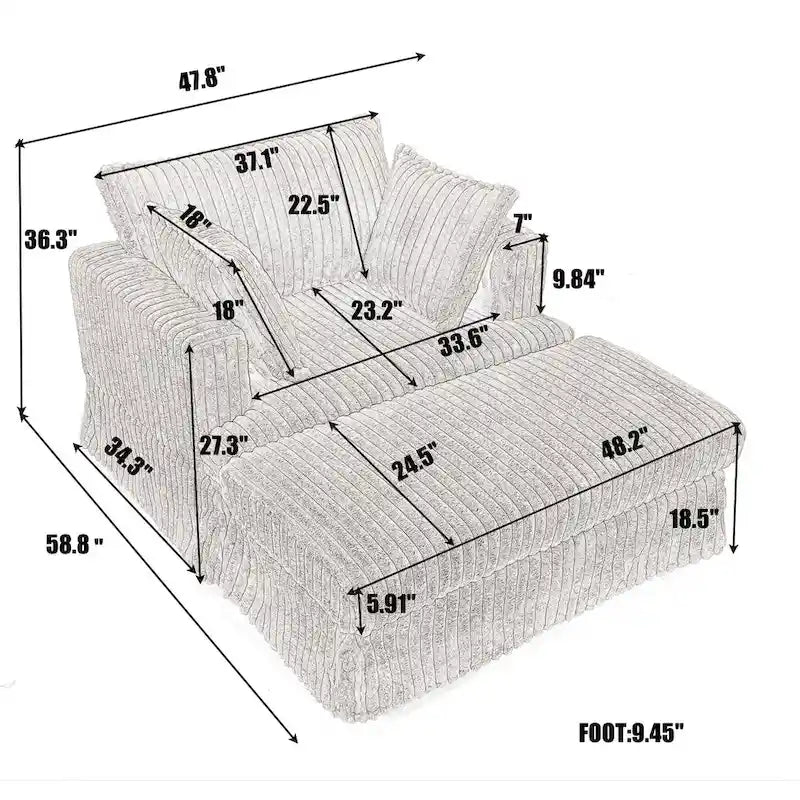 Oversized Corduroy Reclining Chair Deep Seat Armchair Single Thickened Upholstered Sofa with Pillow and Ottoman
