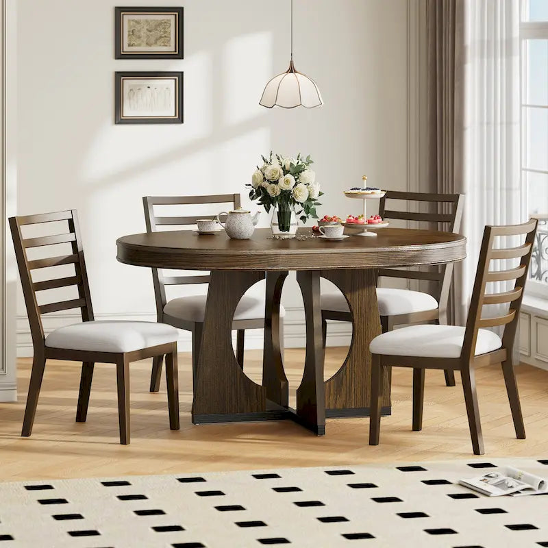 Ensemble de salle à manger rustique et fonctionnel 5 pièces, comprenant 1 table extensible avec rallonge de 40 cm et 4 chaises rembourrées