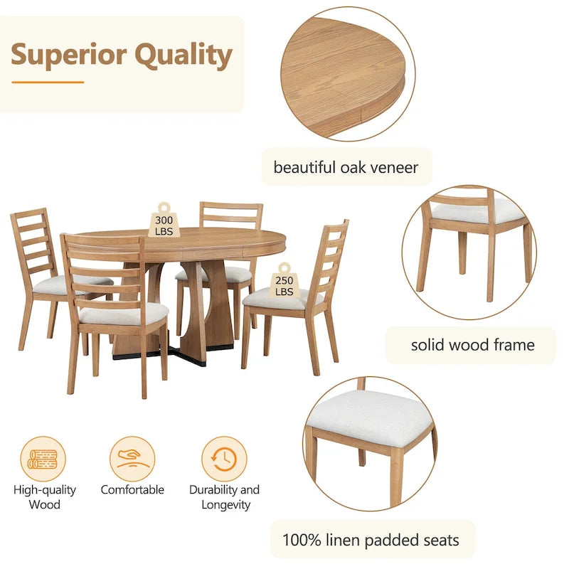 Ensemble de salle à manger rustique et fonctionnel 5 pièces, comprenant 1 table extensible avec rallonge de 40 cm et 4 chaises rembourrées