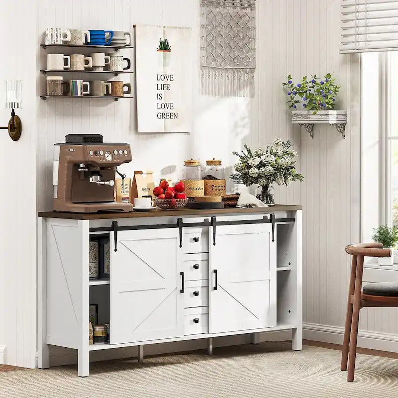 HOMCOM 59 Inch Farmhouse Sideboard Buffet Cabinet with Thick Top, Coffee Bar Cabinet with 2 Adjustable Shelves for Kitchen