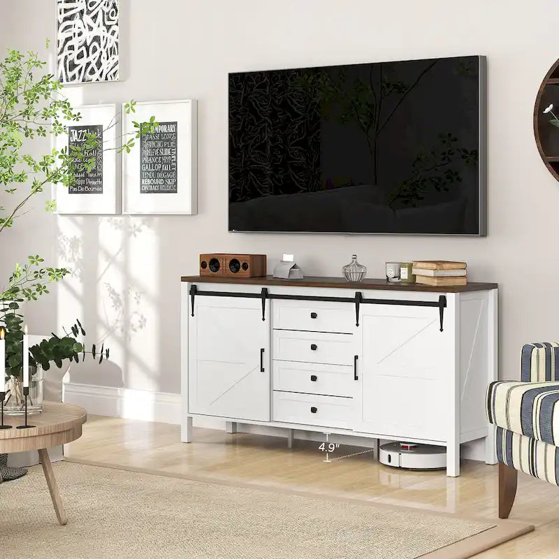HOMCOM 59 Inch Farmhouse Sideboard Buffet Cabinet with Thick Top, Coffee Bar Cabinet with 2 Adjustable Shelves for Kitchen