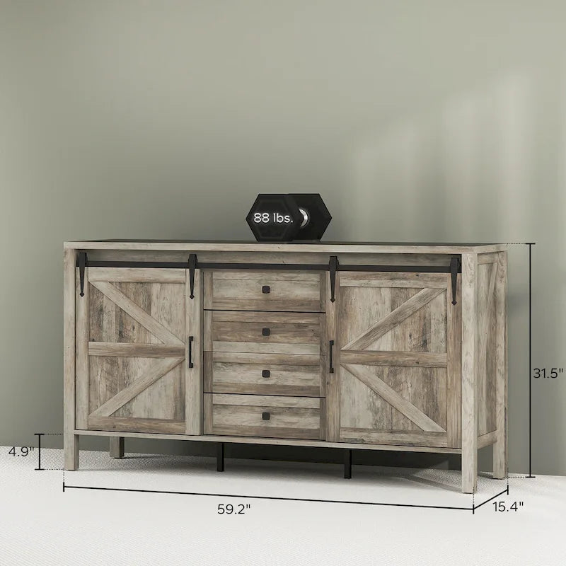 HOMCOM 59 Inch Farmhouse Sideboard Buffet Cabinet with Thick Top, Coffee Bar Cabinet with 2 Adjustable Shelves for Kitchen