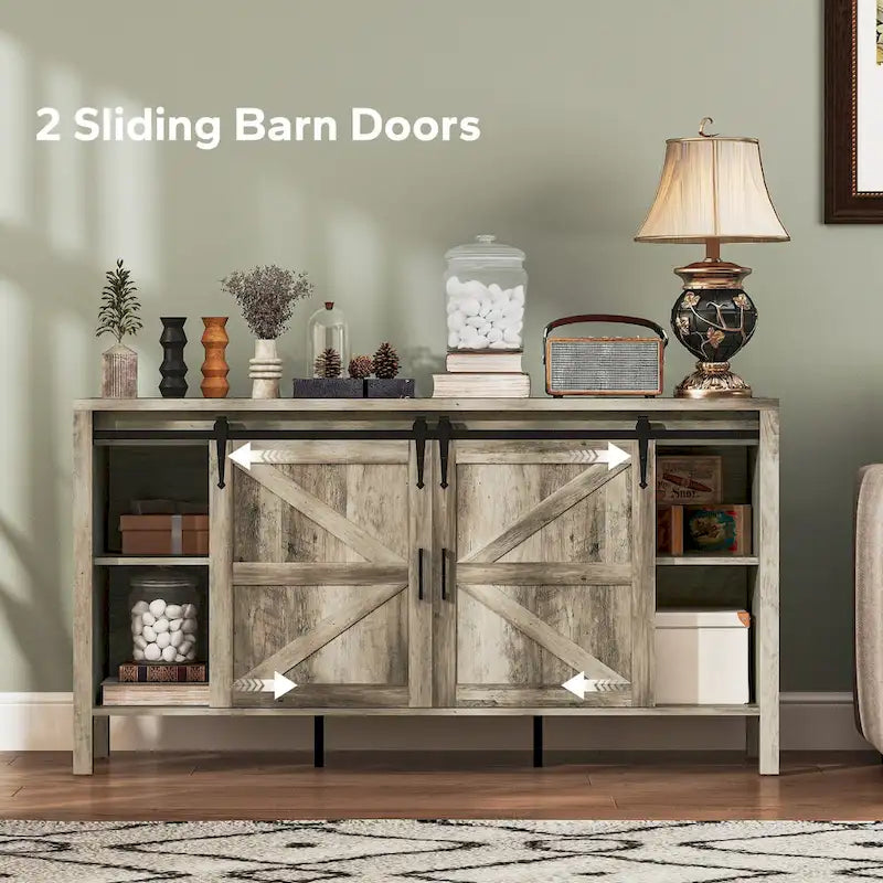 HOMCOM 59 Inch Farmhouse Sideboard Buffet Cabinet with Thick Top, Coffee Bar Cabinet with 2 Adjustable Shelves for Kitchen