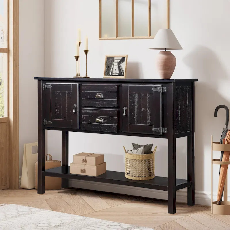 Solid Wood Sideboard Console Table with 2 Drawers and Cabinets and Bottom Shelf, Storage Dining Buffet Server Cabinet