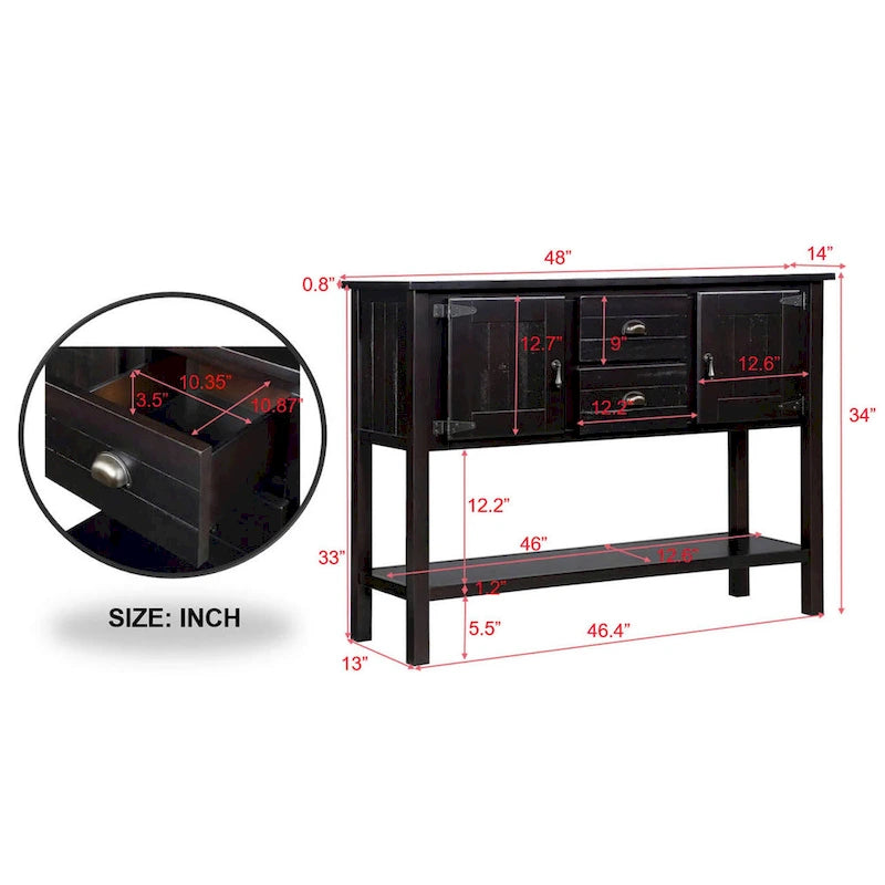Solid Wood Sideboard Console Table with 2 Drawers and Cabinets and Bottom Shelf, Storage Dining Buffet Server Cabinet