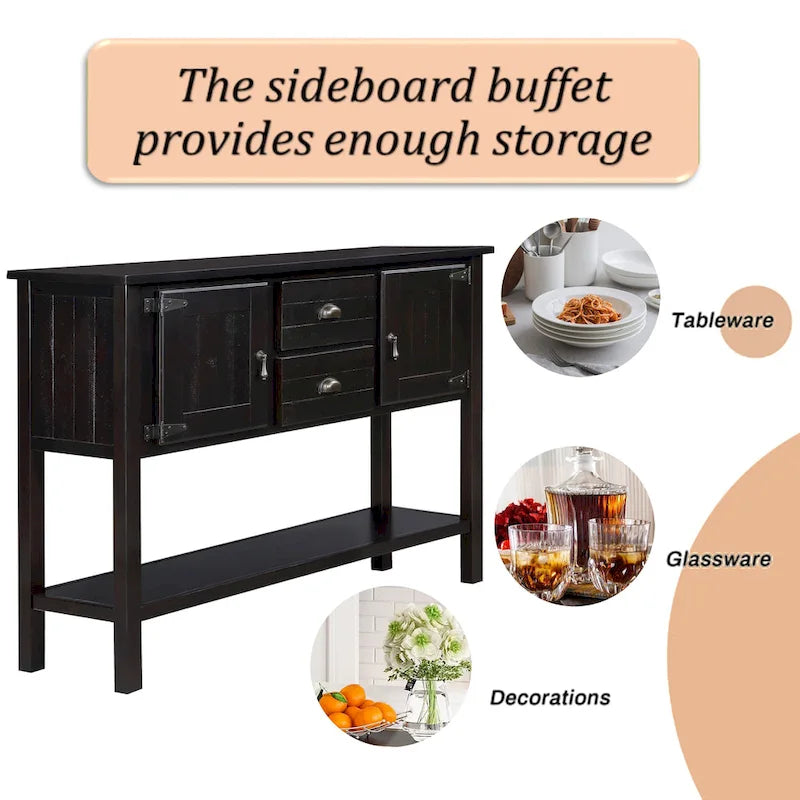 Solid Wood Sideboard Console Table with 2 Drawers and Cabinets and Bottom Shelf, Storage Dining Buffet Server Cabinet