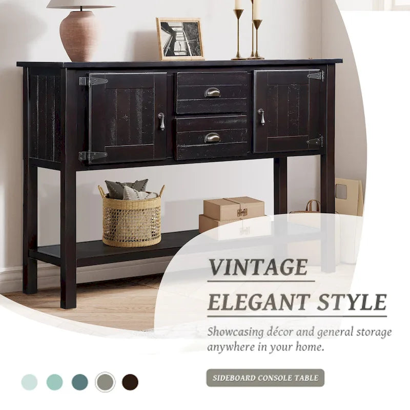 Solid Wood Sideboard Console Table with 2 Drawers and Cabinets and Bottom Shelf, Storage Dining Buffet Server Cabinet