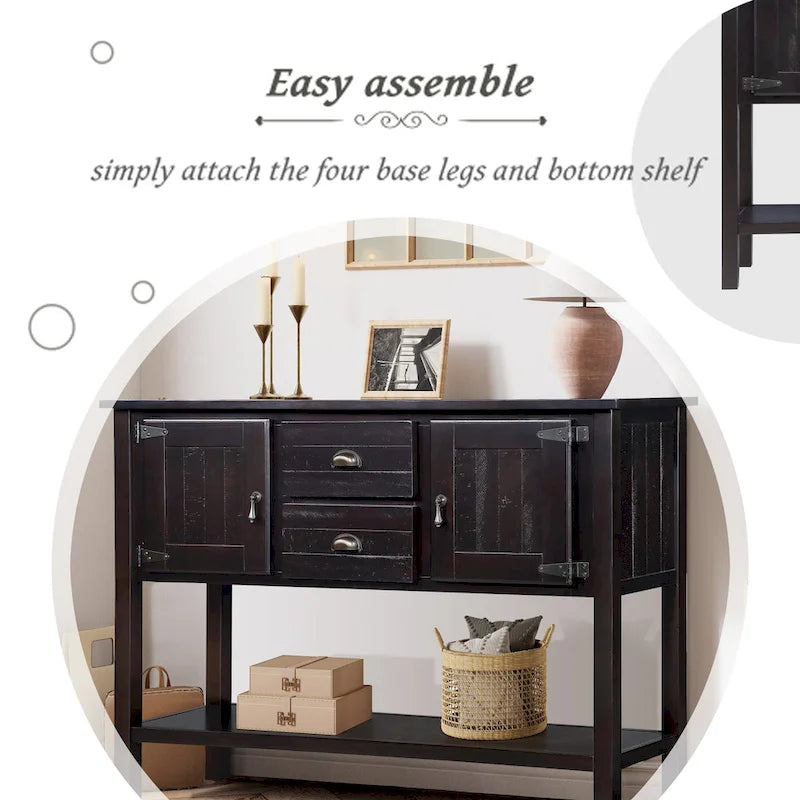 Solid Wood Sideboard Console Table with 2 Drawers and Cabinets and Bottom Shelf, Storage Dining Buffet Server Cabinet