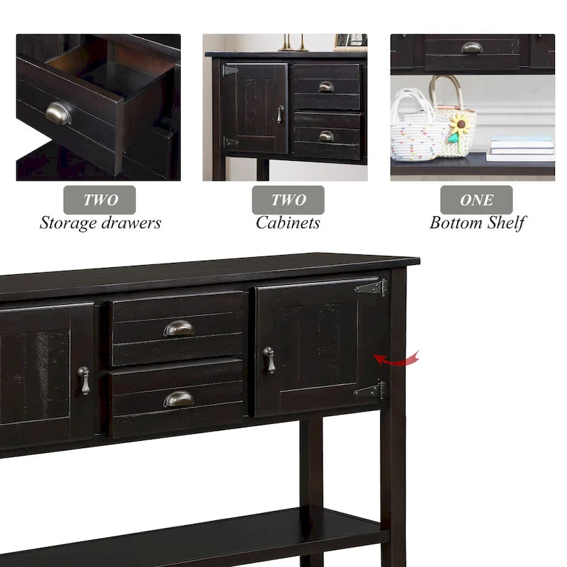 Solid Wood Sideboard Console Table with 2 Drawers and Cabinets and Bottom Shelf, Storage Dining Buffet Server Cabinet