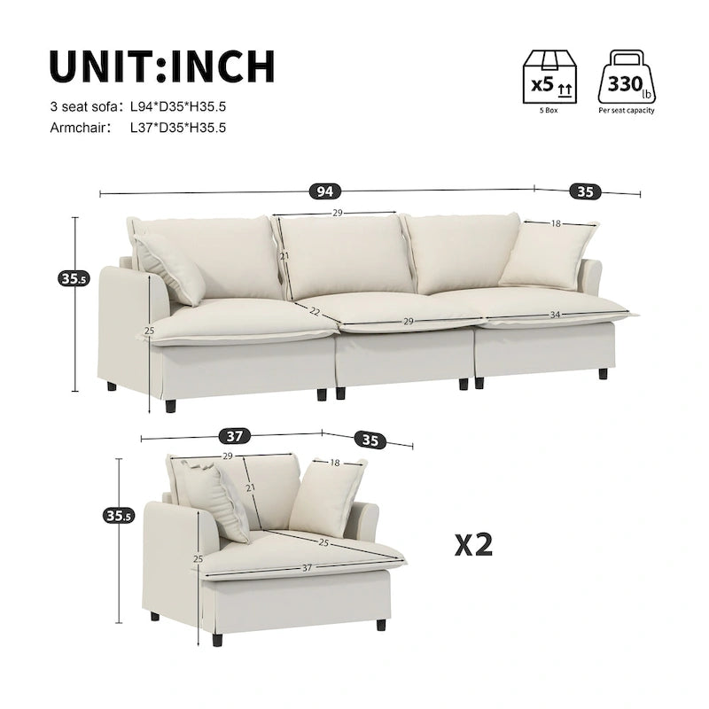 Canapé d'angle modulaire en chenille, canapé et 2 fauteuils rembourrés