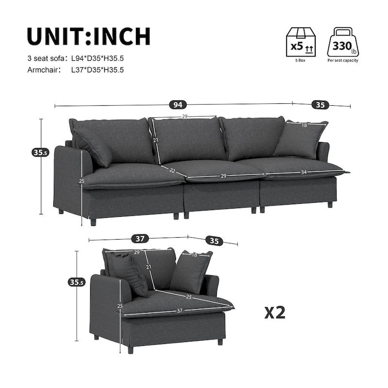 Canapé d'angle modulaire en chenille, canapé et 2 fauteuils rembourrés