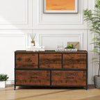 Commode moderne à 5 tiroirs avec bac en tissu, cadre en acier, plateau en bois pour chambre, entrée