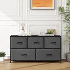 Commode moderne à 5 tiroirs avec bac en tissu, cadre en acier, plateau en bois pour chambre, entrée