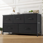 Commode moderne à 5 tiroirs avec bac en tissu, cadre en acier, plateau en bois pour chambre, entrée