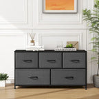 Commode moderne à 5 tiroirs avec bac en tissu, cadre en acier, plateau en bois pour chambre, entrée
