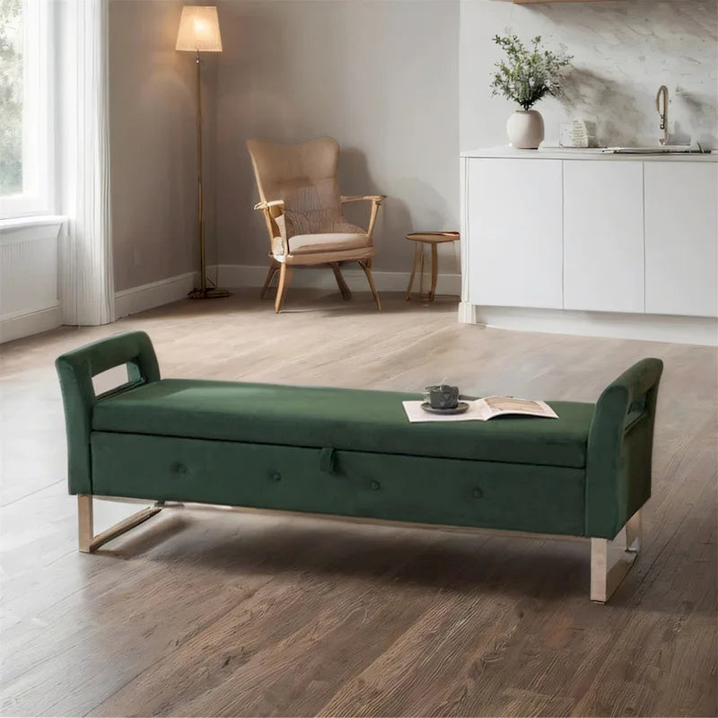 67.91 Velvet Storage Bench with Armrests and Wood Frame for Bedroom