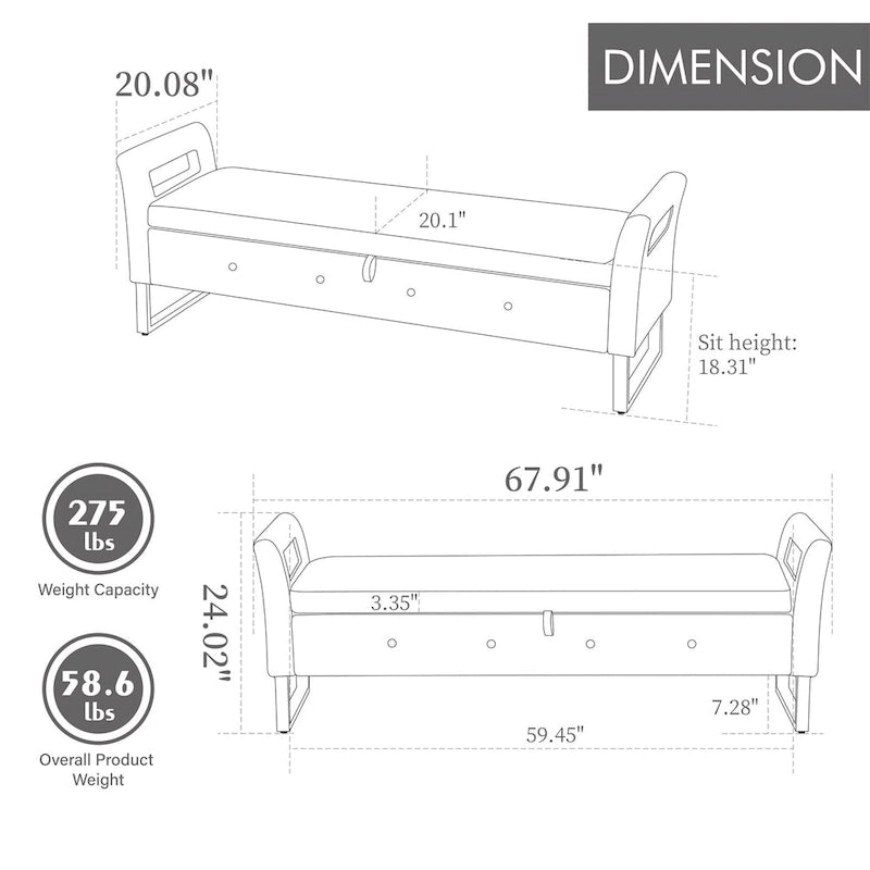 67.91 Velvet Storage Bench with Armrests and Wood Frame for Bedroom