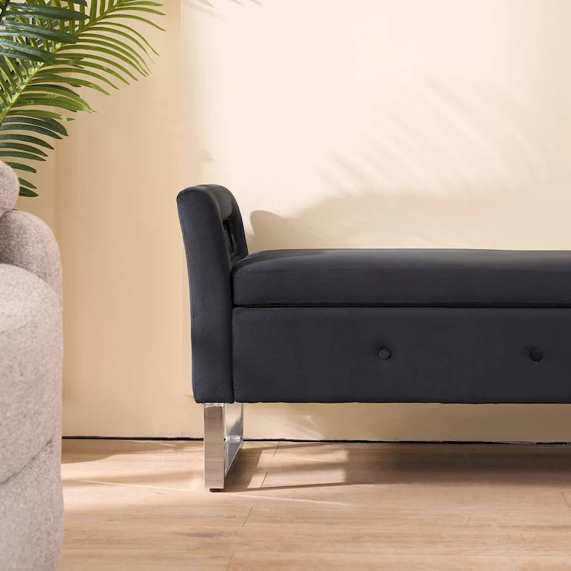 67.91 Velvet Storage Bench with Armrests and Wood Frame for Bedroom