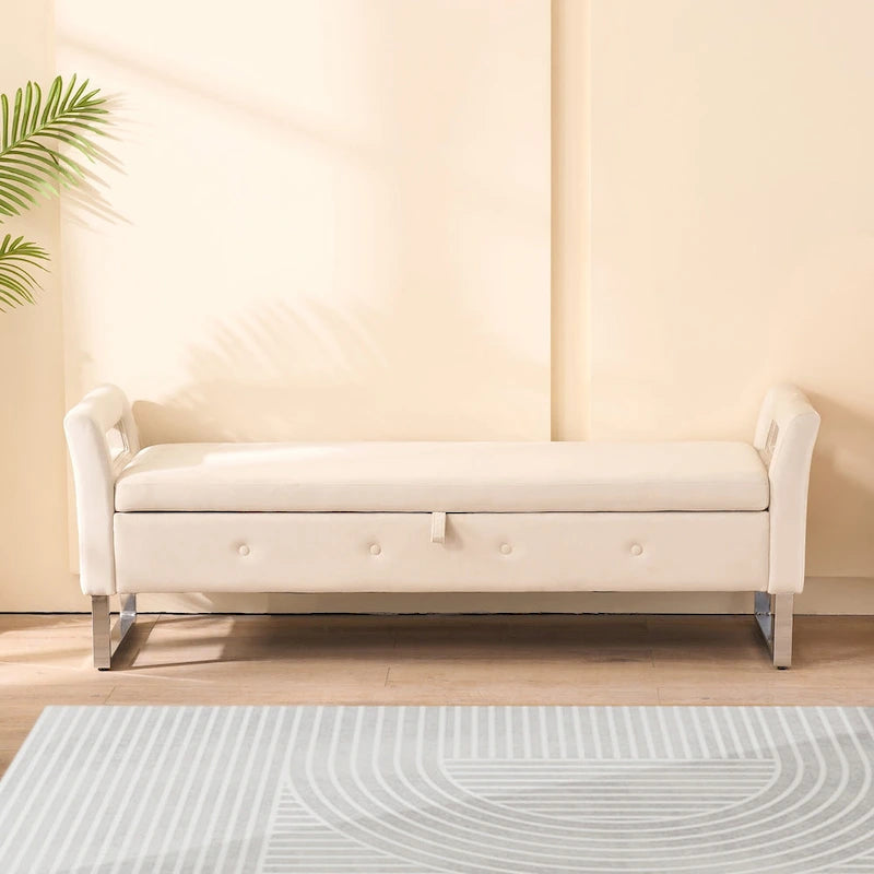 67.91 Velvet Storage Bench with Armrests and Wood Frame for Bedroom